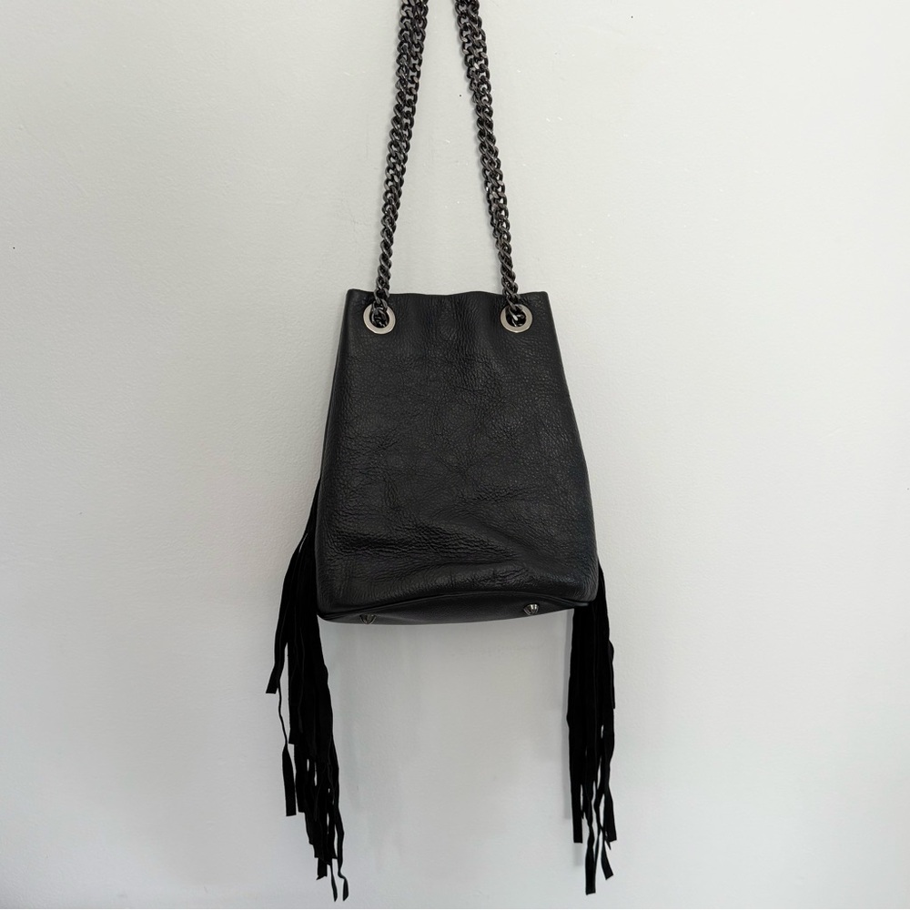 Mychoice Italian Genuine Leather Fringes & Chain Bucket black shoulder bag